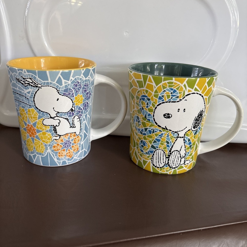 Peanuts Snoopy Mosaic Style Coffee Mug By Gibson Lot Of 2 Yellow Green